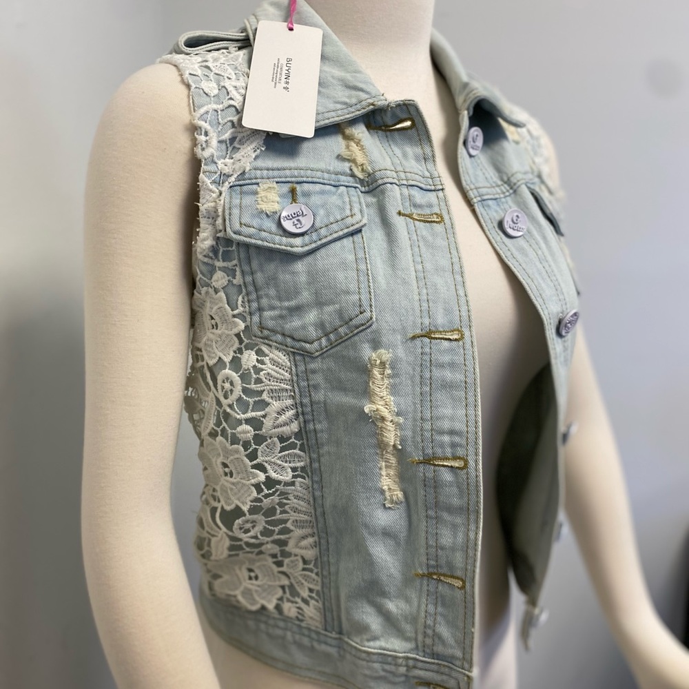 Jean Denim Vest  Light Blue Floral White Lace Size S New
